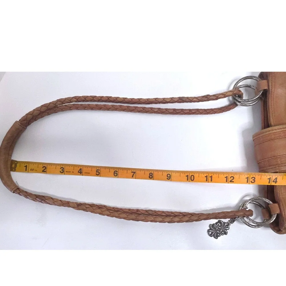 VTG 90s American Angel Tan Leather Braided‎ Strap Shoulder Bag Silver Medallion